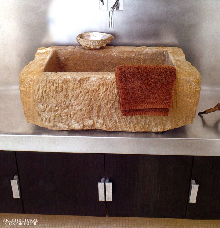 canada toronto vancouver BC CA UK UAE modern neolithic salvaged reclaimed rustic antique old world natural stone sink trough powder room